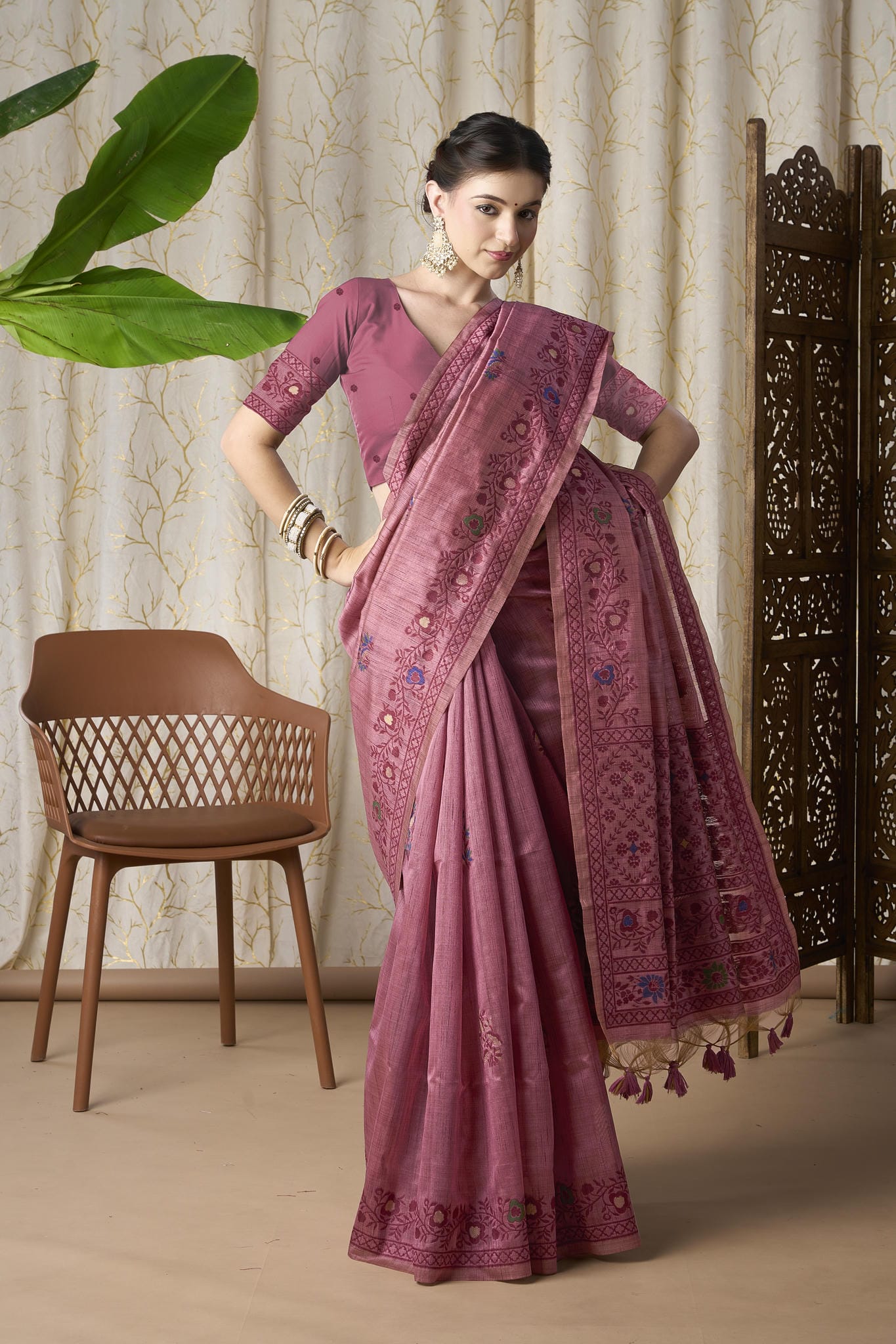 Dusty Rose Linen-Cotton Jamdani Saree with Ethnic Motifs
