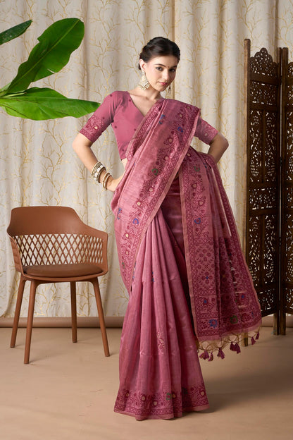 Dusty Rose Linen-Cotton Jamdani Saree with Ethnic Motifs and Jamdani Weave,resham Border And Pallu