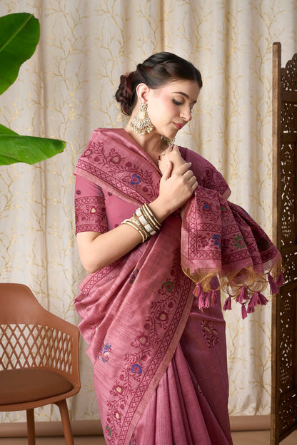 Dusty Rose Linen-Cotton Jamdani Saree with Ethnic Motifs and Jamdani Weave,resham Border And Pallu