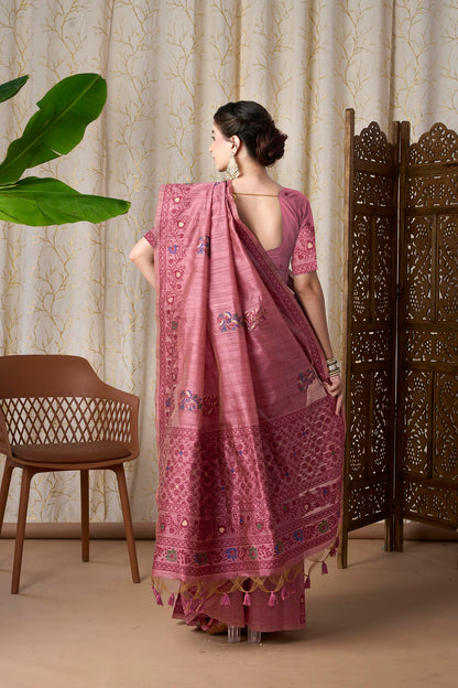 Dusty Rose Linen-Cotton Jamdani Saree with Ethnic Motifs and Jamdani Weave,resham Border And Pallu