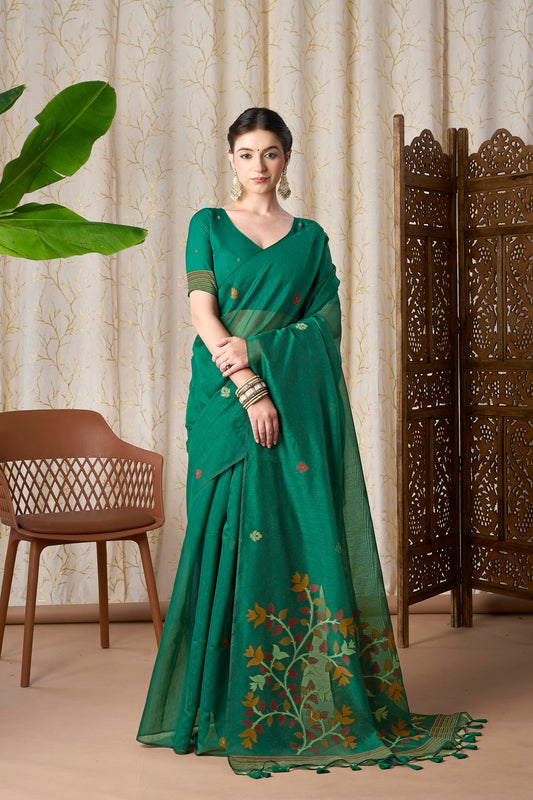 Emerald Green Linen-Cotton Jamdani Saree with Woven Motifs