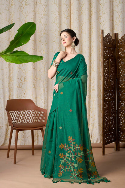 Emerald Green Muga-Cotton Jamdani Saree with Woven Motifs