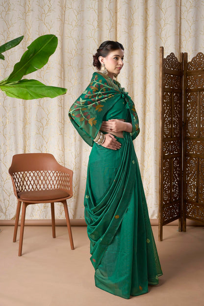 Emerald Green Muga-Cotton Jamdani Saree with Woven Motifs