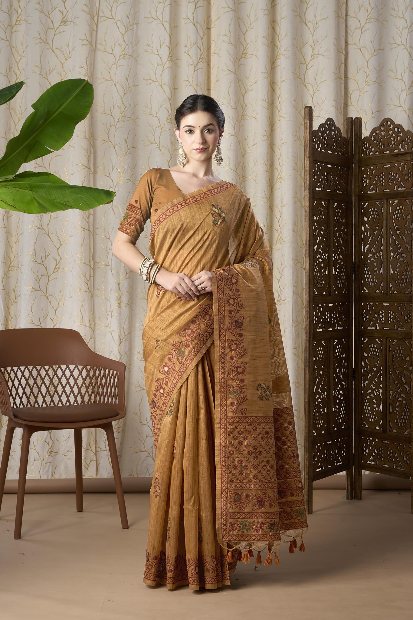 Mustard Yellow Linen-Cotton Jamdani Saree with Ethnic Motifs