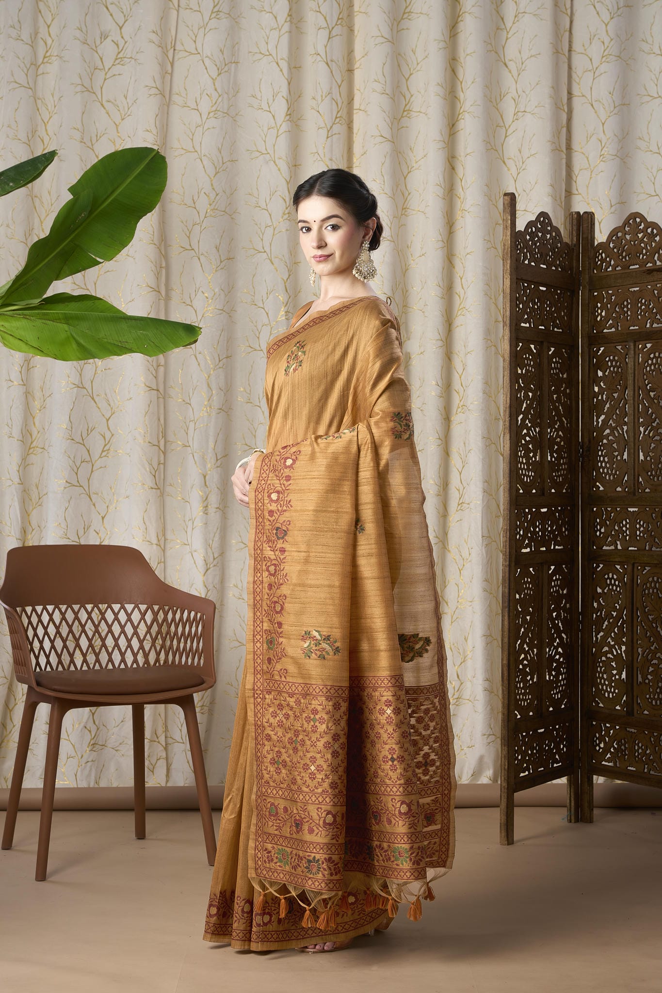 Mustard Yellow Linen-Cotton Jamdani Saree with Ethnic Motifs