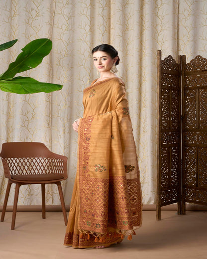 Mustard Yellow Linen-Cotton Jamdani Saree with Ethnic Motifs and Jamdani Weave,resham Border And Pallu