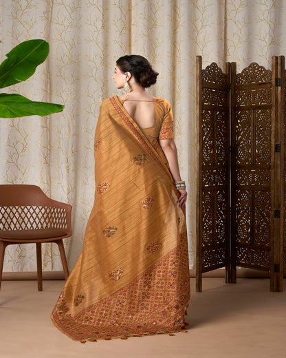 Mustard Yellow Linen-Cotton Jamdani Saree with Ethnic Motifs and Jamdani Weave,resham Border And Pallu
