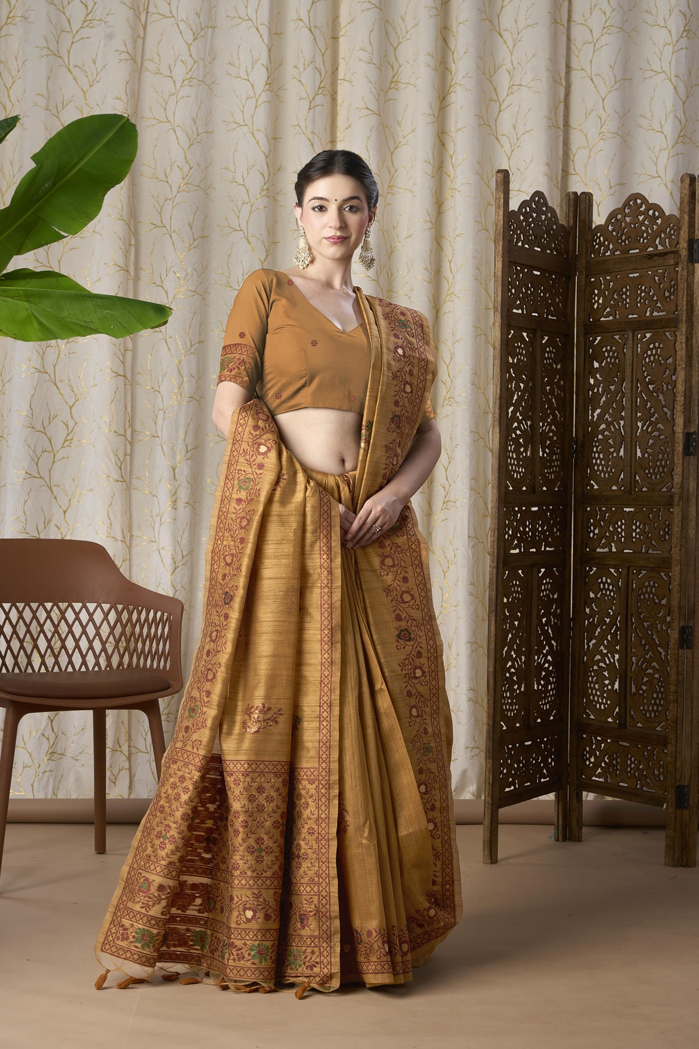 Mustard Yellow Linen-Cotton Jamdani Saree with Ethnic Motifs