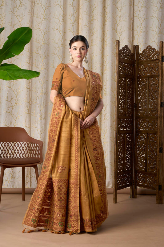 Mustard Yellow Linen-Cotton Jamdani Saree with Ethnic Motifs