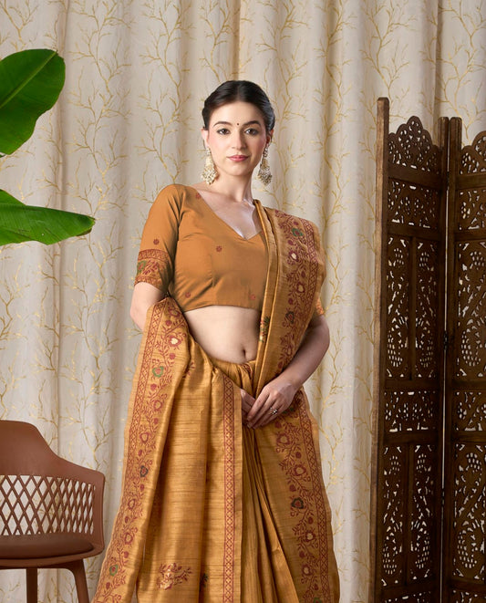 Mustard Yellow Linen-Cotton Jamdani Saree with Ethnic Motifs and Jamdani Weave,resham Border And Pallu