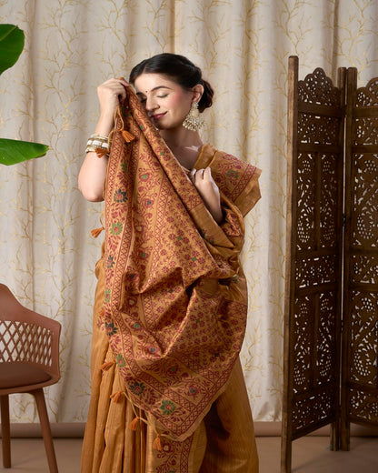 Mustard Yellow Linen-Cotton Jamdani Saree with Ethnic Motifs and Jamdani Weave,resham Border And Pallu