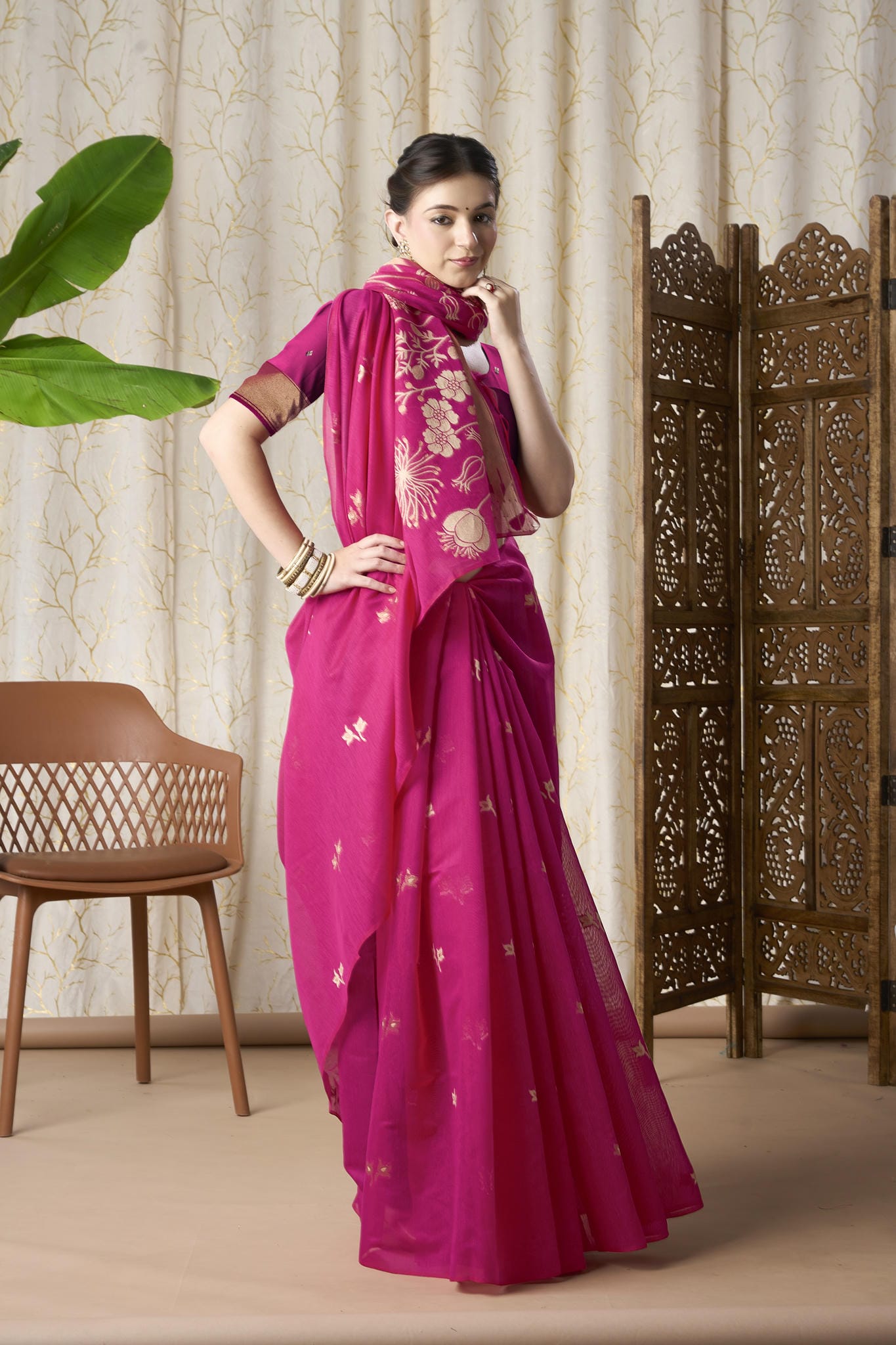 Rani Pink Linen-Cotton Jamdani Saree with Golden Zari Motifs
