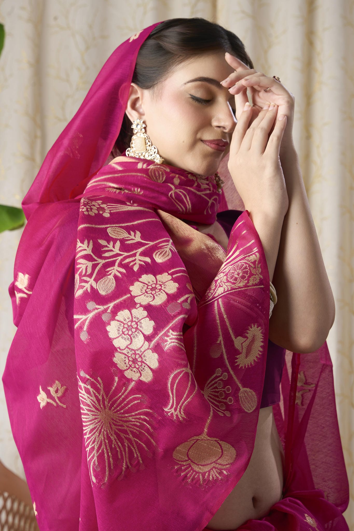 Rani Pink Linen-Cotton Jamdani Saree with Golden Zari Motifs