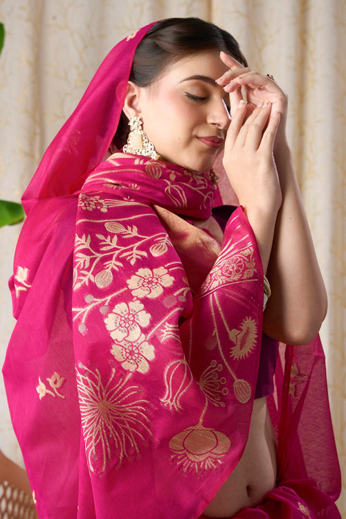 Rani Pink Linen-Cotton Jamdani Saree with Golden Zari Motifs