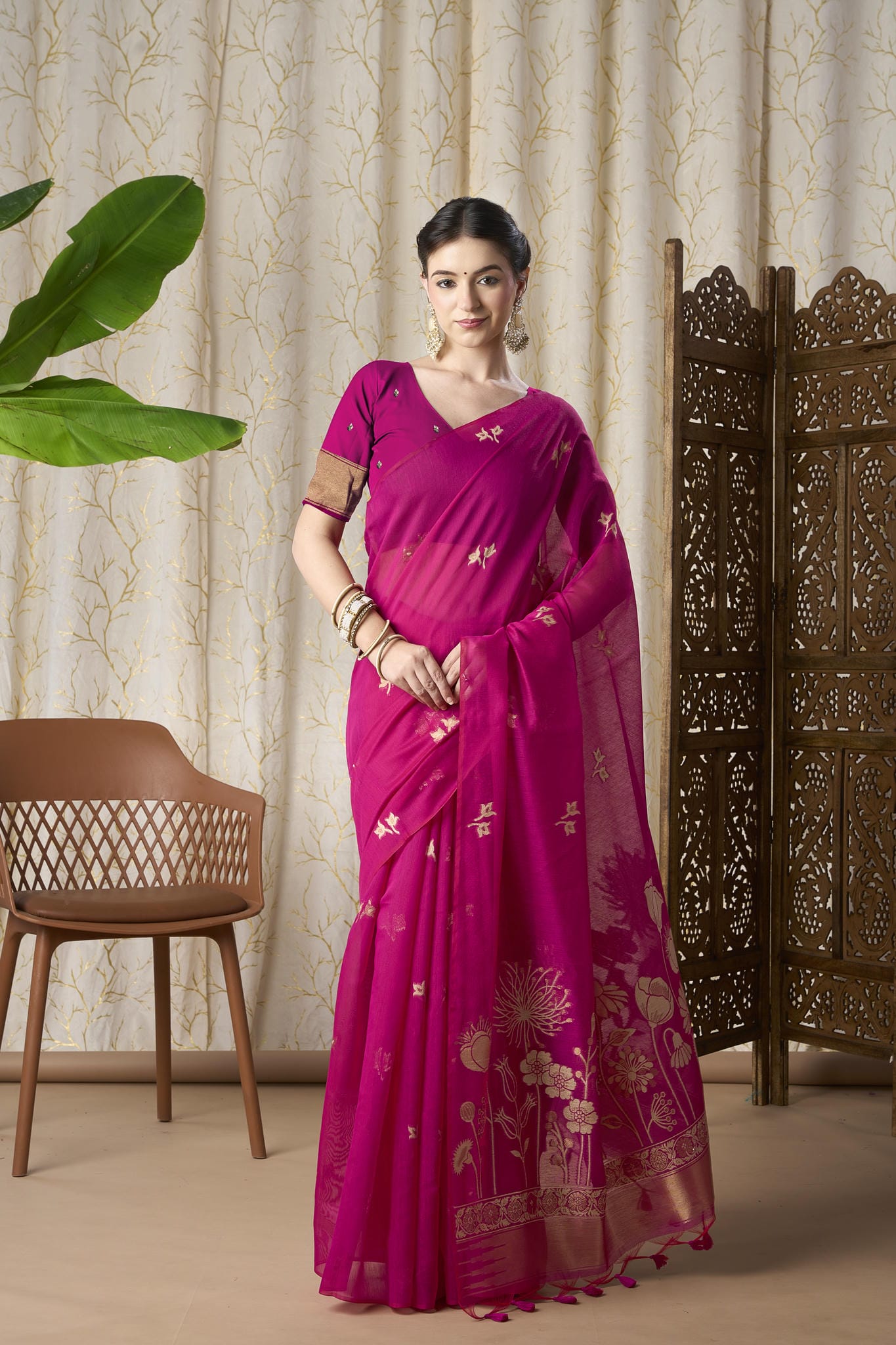 Rani Pink Linen-Cotton Jamdani Saree with Golden Zari Motifs