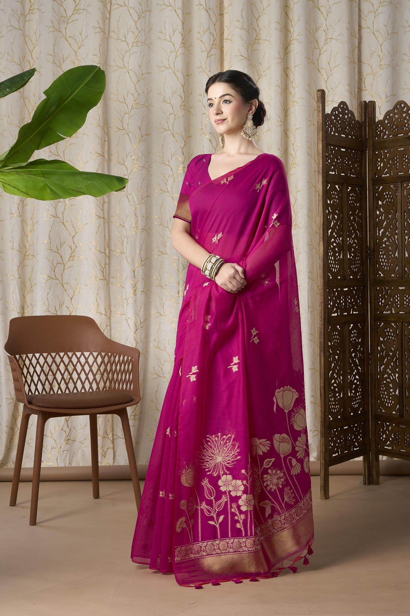 Rani Pink Linen-Cotton Jamdani Saree with Golden Zari Motifs
