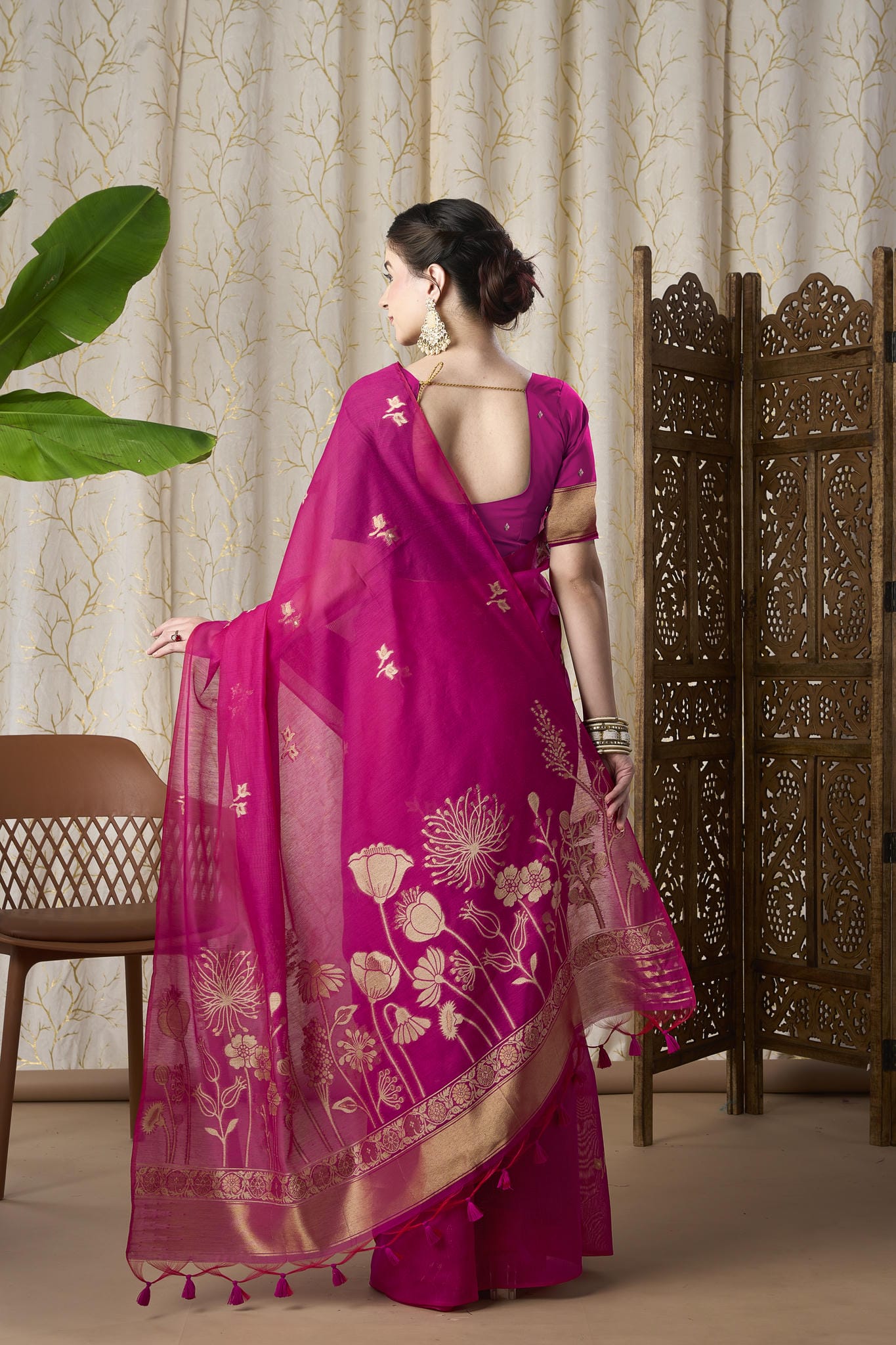 Rani Pink Linen-Cotton Jamdani Saree with Golden Zari Motifs