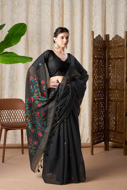 Midnight Black Muga-Cotton Jamdani Saree with Woven Floral Pallu