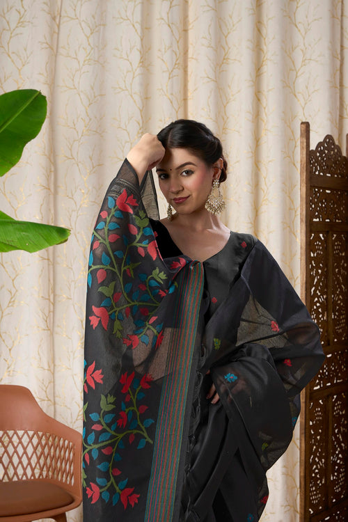 Midnight Black Linen-Cotton Jamdani Saree with Woven Floral Pallu