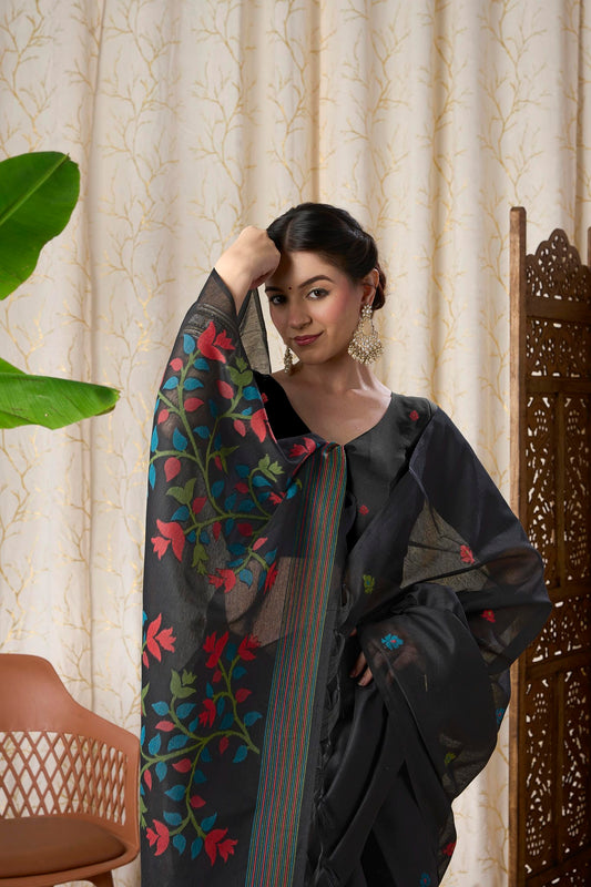 Midnight Black Linen-Cotton Jamdani Saree with Woven Floral Pallu