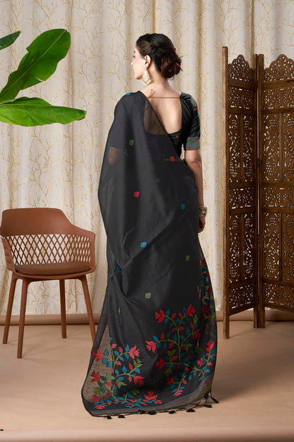 Midnight Black Muga-Cotton Jamdani Saree with Woven Floral Pallu