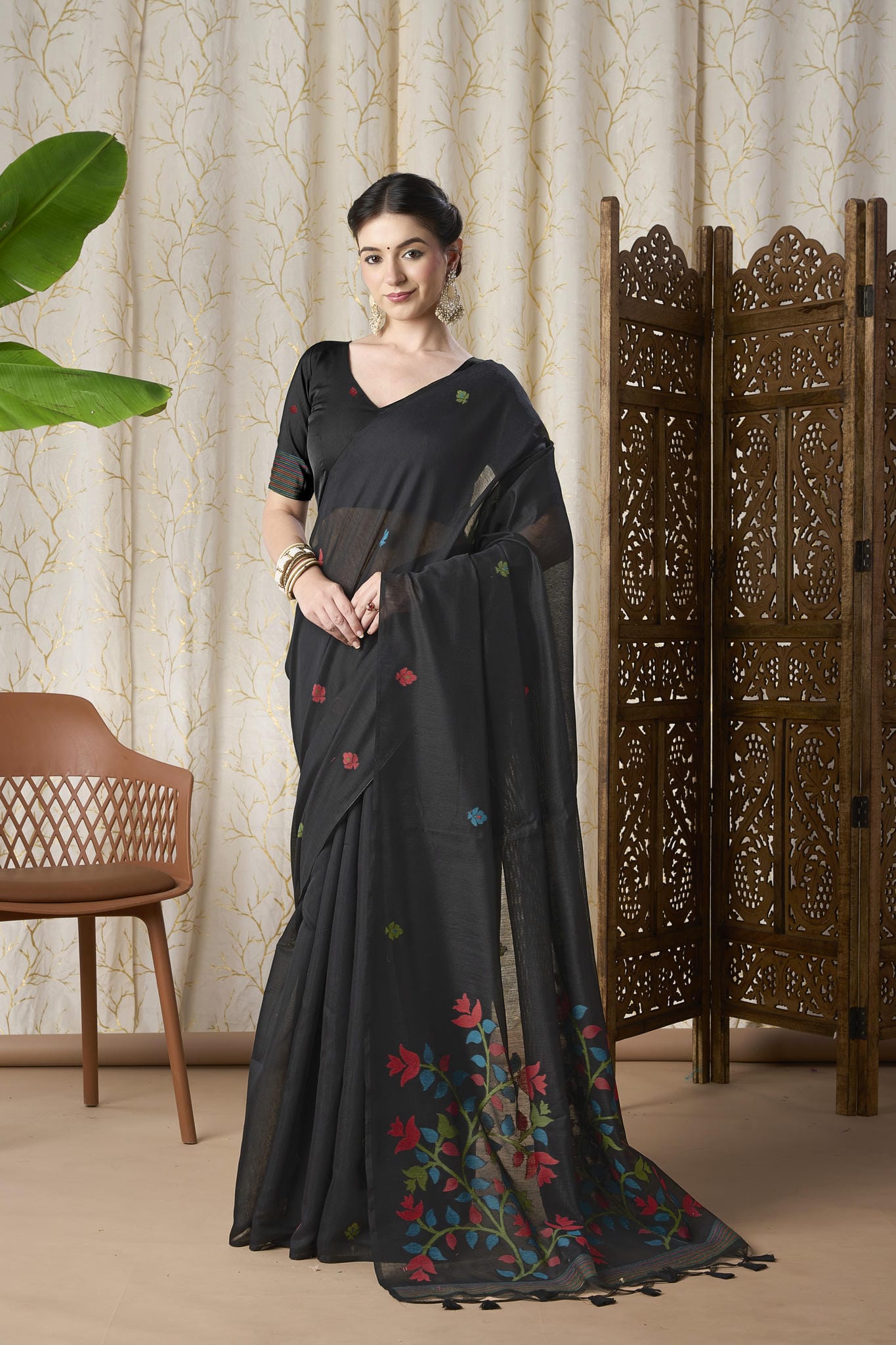 Midnight Black Linen-Cotton Jamdani Saree with Woven Floral Pallu
