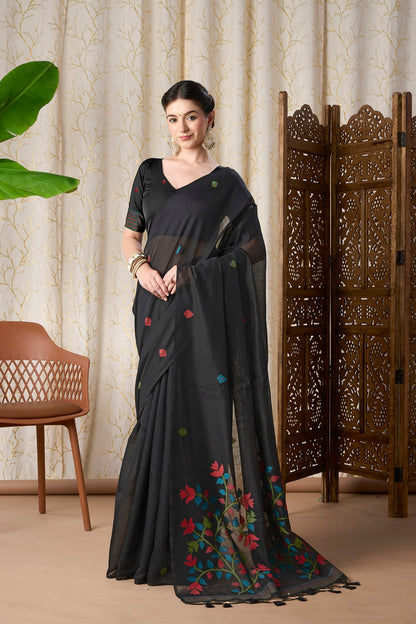 Midnight Black Muga-Cotton Jamdani Saree with Woven Floral Pallu