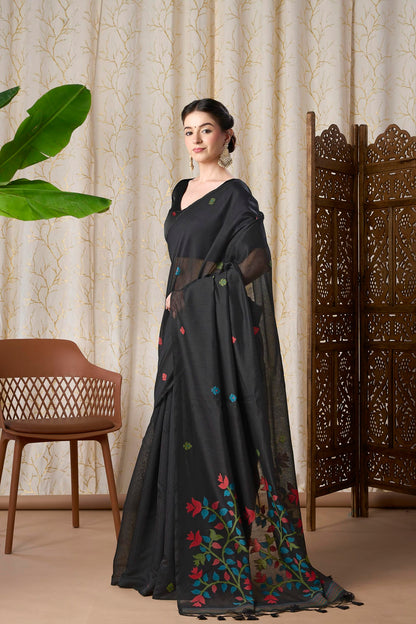 Midnight Black Muga-Cotton Jamdani Saree with Woven Floral Pallu