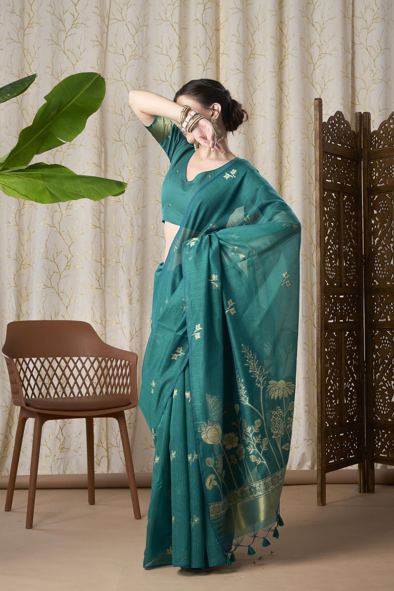 Peacock Blue Linen-Cotton Jamdani Saree with Golden Zari Motifs