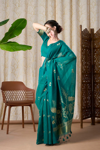 Peacock Blue Muga-Cotton Jamdani Saree with Golden Zari Motifs