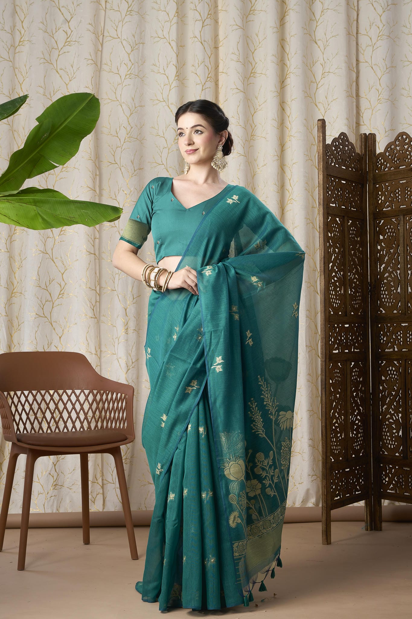 Peacock Blue Linen-Cotton Jamdani Saree with Golden Zari Motifs
