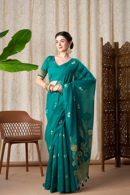 Peacock Blue Muga-Cotton Jamdani Saree with Golden Zari Motifs