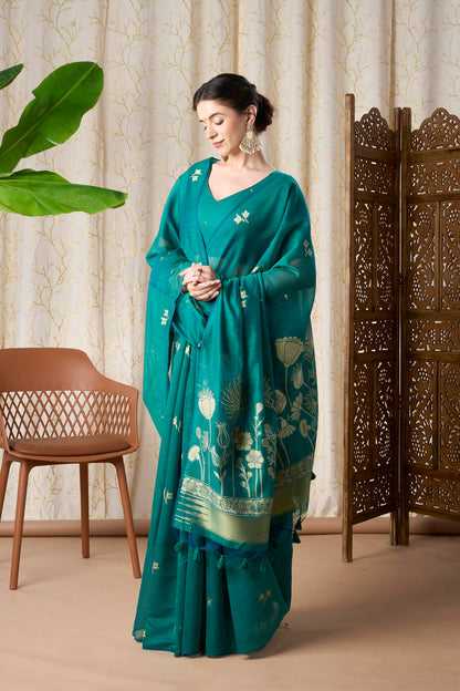 Peacock Blue Muga-Cotton Jamdani Saree with Golden Zari Motifs