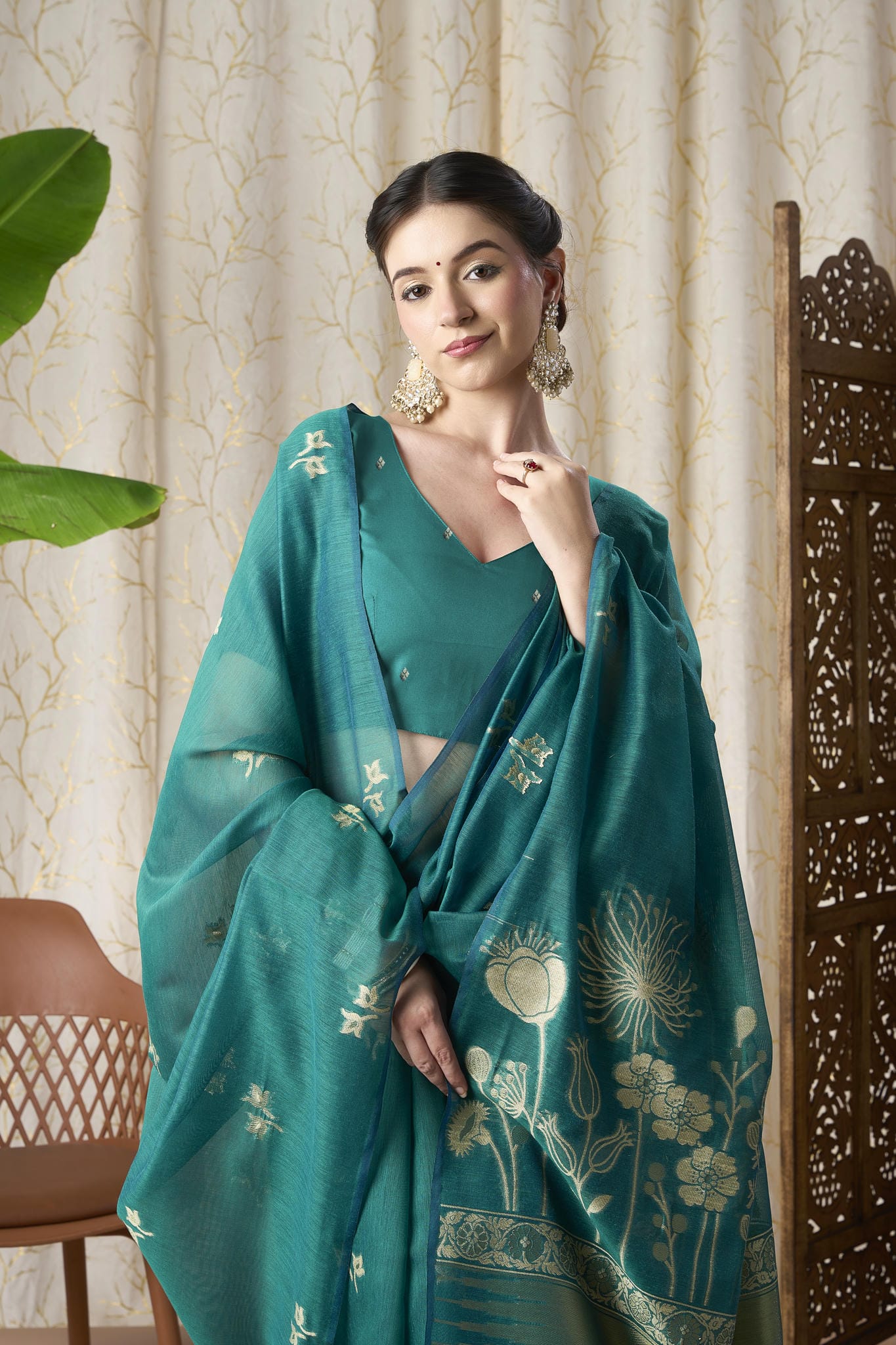 Peacock Blue Linen-Cotton Jamdani Saree with Golden Zari Motifs