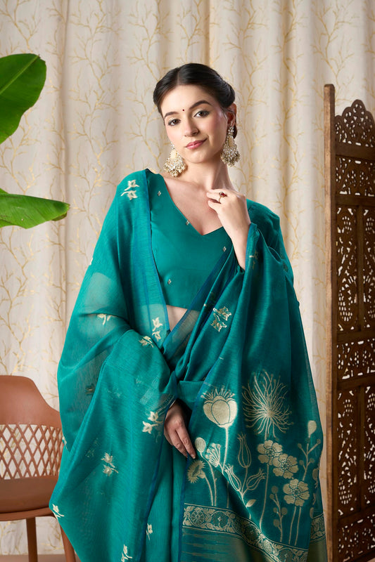 Peacock Blue Linen-Cotton Jamdani Saree with Golden Zari Motifs