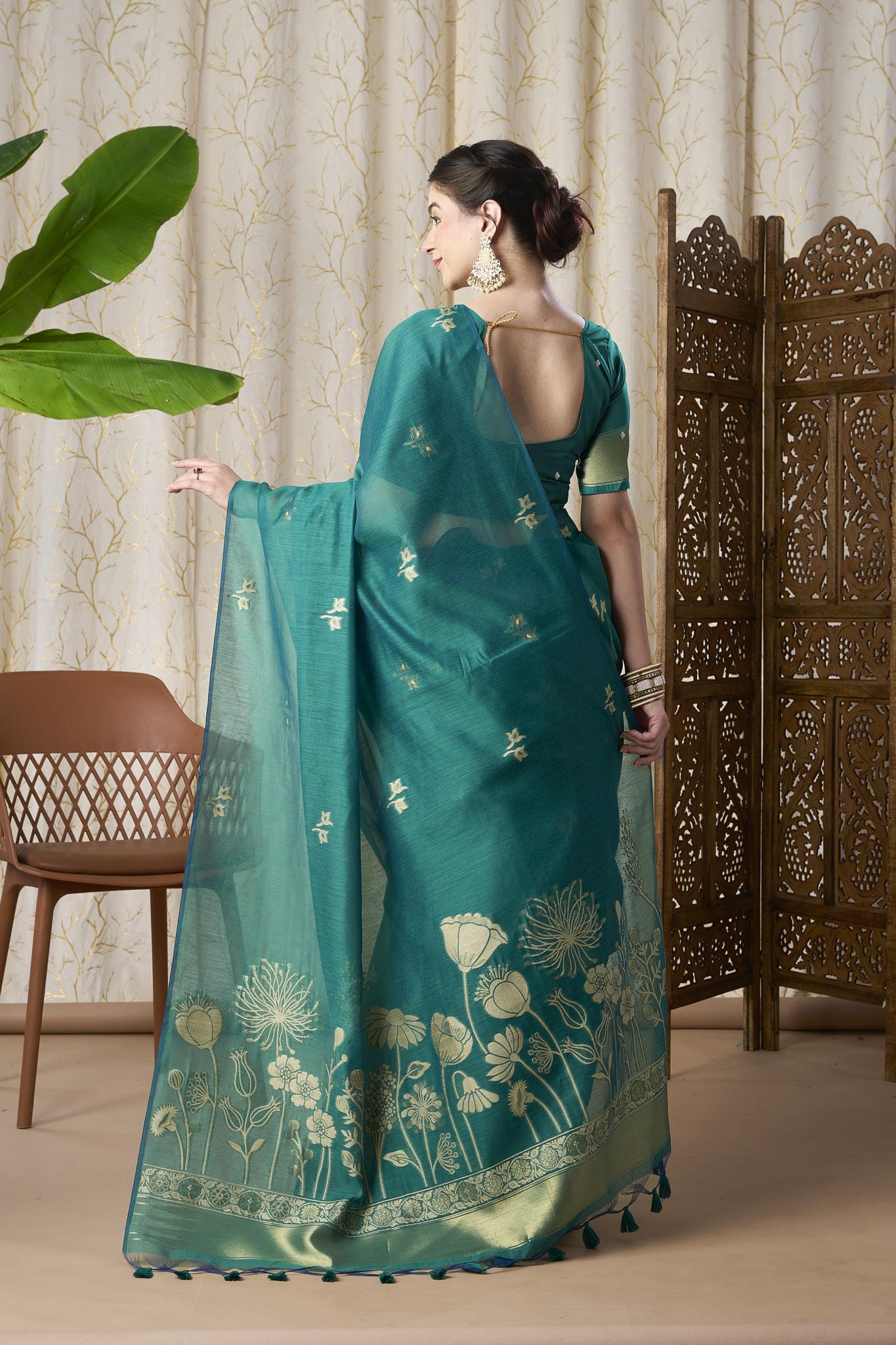 Peacock Blue Linen-Cotton Jamdani Saree with Golden Zari Motifs