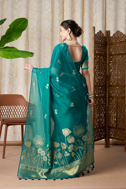 Peacock Blue Muga-Cotton Jamdani Saree with Golden Zari Motifs