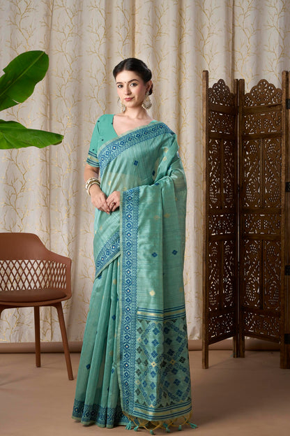 Sea Green Tassar Silk-Cotton Jamdani Saree with Woven Geometric Motifs