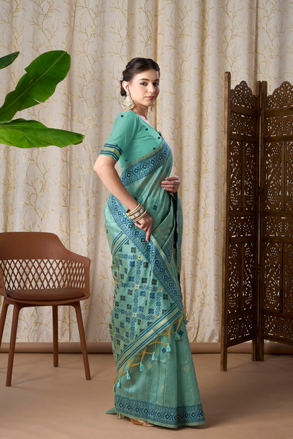 Sea Green Tassar Silk-Cotton Jamdani Saree with Woven Geometric Motifs