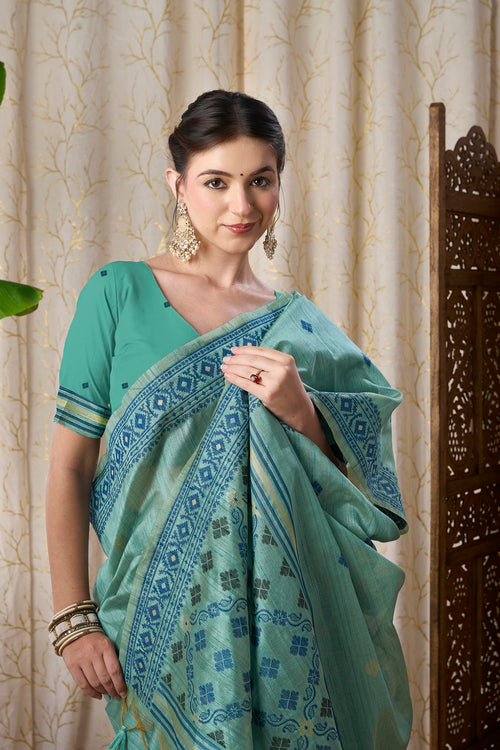 Sea Green Linen-Cotton Jamdani Saree with Woven Geometric Motifs