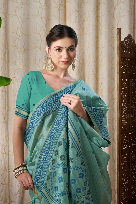 Sea Green Linen-Cotton Jamdani Saree with Woven Geometric Motifs