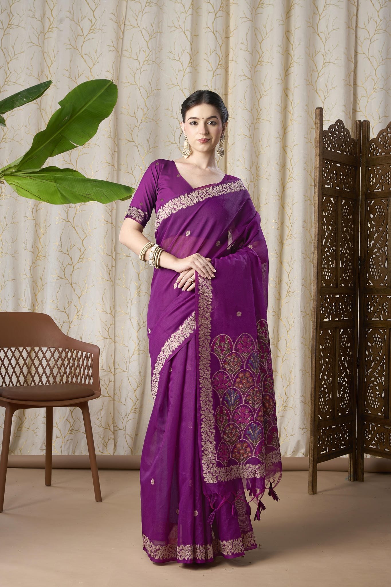Royal Purple Linen-Cotton Jamdani Saree with Woven Pallu