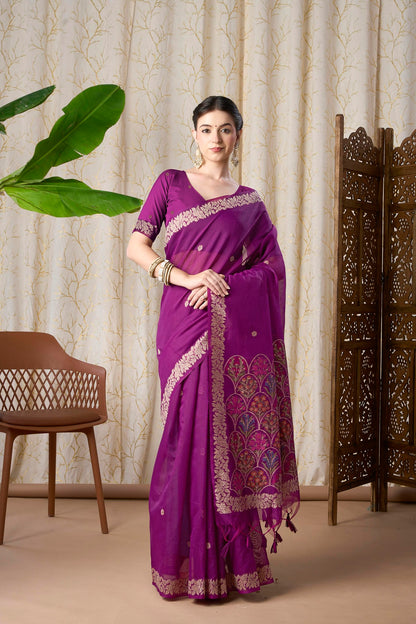 Royal Purple Muga-Cotton Jamdani Saree with Woven Jamdani Border With Multicolour Flower Pallu