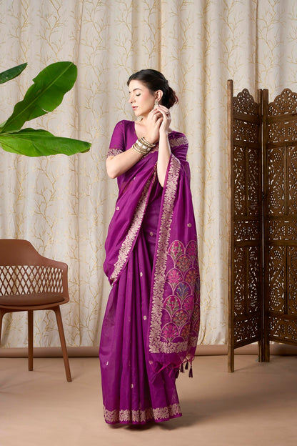 Royal Purple Muga-Cotton Jamdani Saree with Woven Jamdani Border With Multicolour Flower Pallu