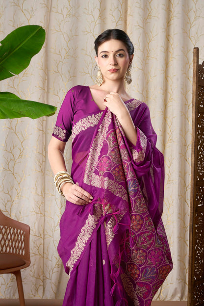Royal Purple Muga-Cotton Jamdani Saree with Woven Jamdani Border With Multicolour Flower Pallu