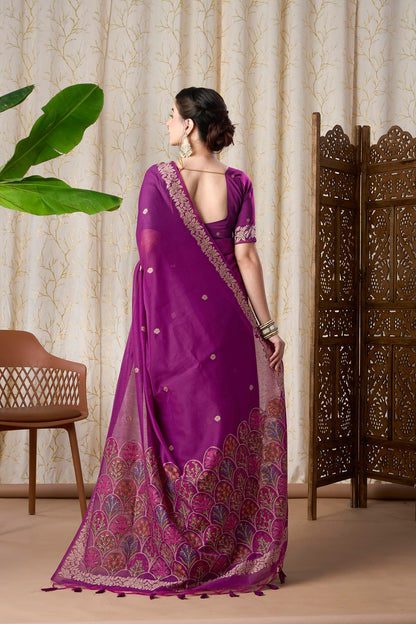Royal Purple Muga-Cotton Jamdani Saree with Woven Jamdani Border With Multicolour Flower Pallu