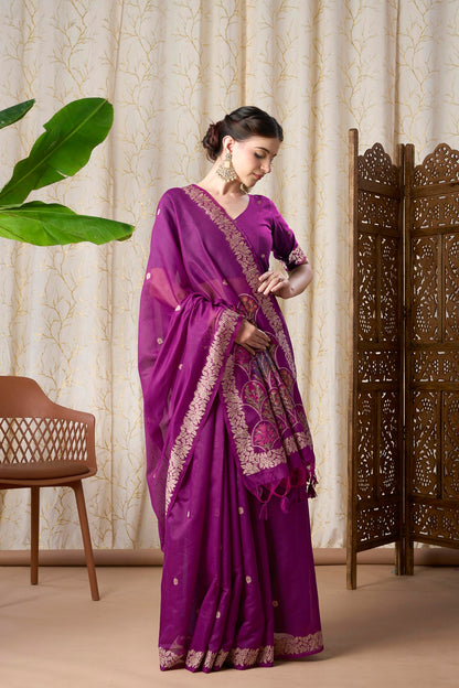 Royal Purple Muga-Cotton Jamdani Saree with Woven Jamdani Border With Multicolour Flower Pallu