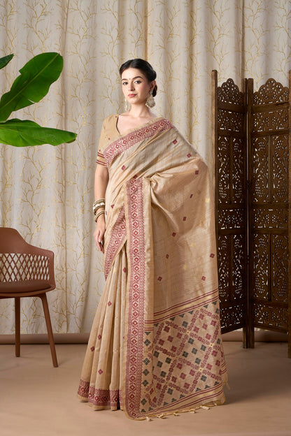 Dusty Rose Silk-Cotton Jamdani Saree with Woven Geometric Motifs