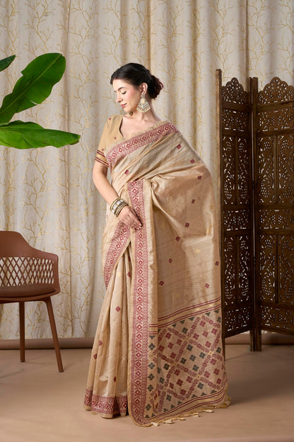 Beige Silk-Cotton Jamdani Saree with Woven Geometric Patterns