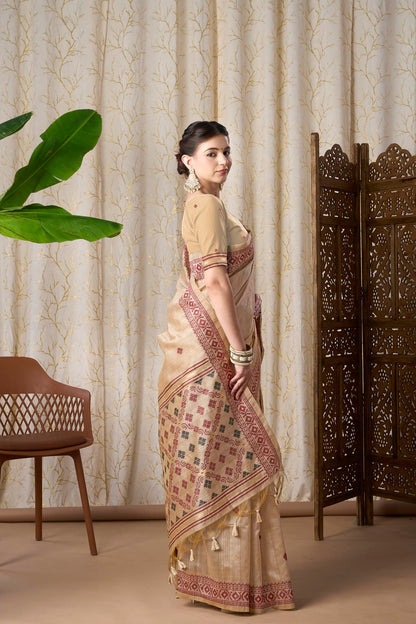Beige Silk-Cotton Jamdani Saree with Woven Geometric Patterns